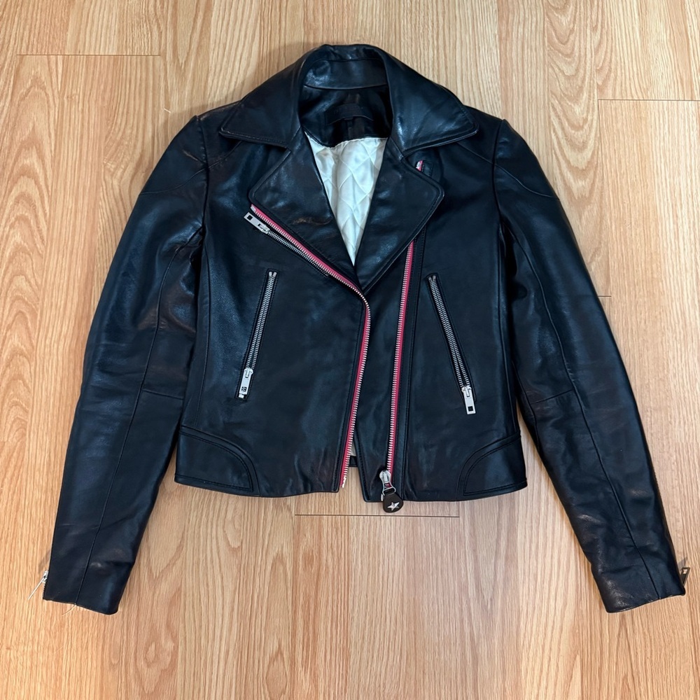 Rag & Bone Griffin Black Leather Moto Jacket with Pink/Red Trim Size 0 NWOT - Picture 3 of 9